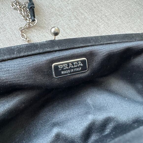 Prada Satin Shoulder Bag Clutch Pink Peach Black Floral Charm Kiss Lock FLAW - Picture 7 of 7